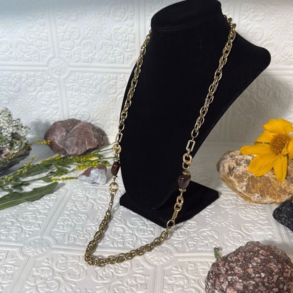 Vintage Gold Tone Long Chunky Chain Necklace With‎ Faux Amber Beads 30”